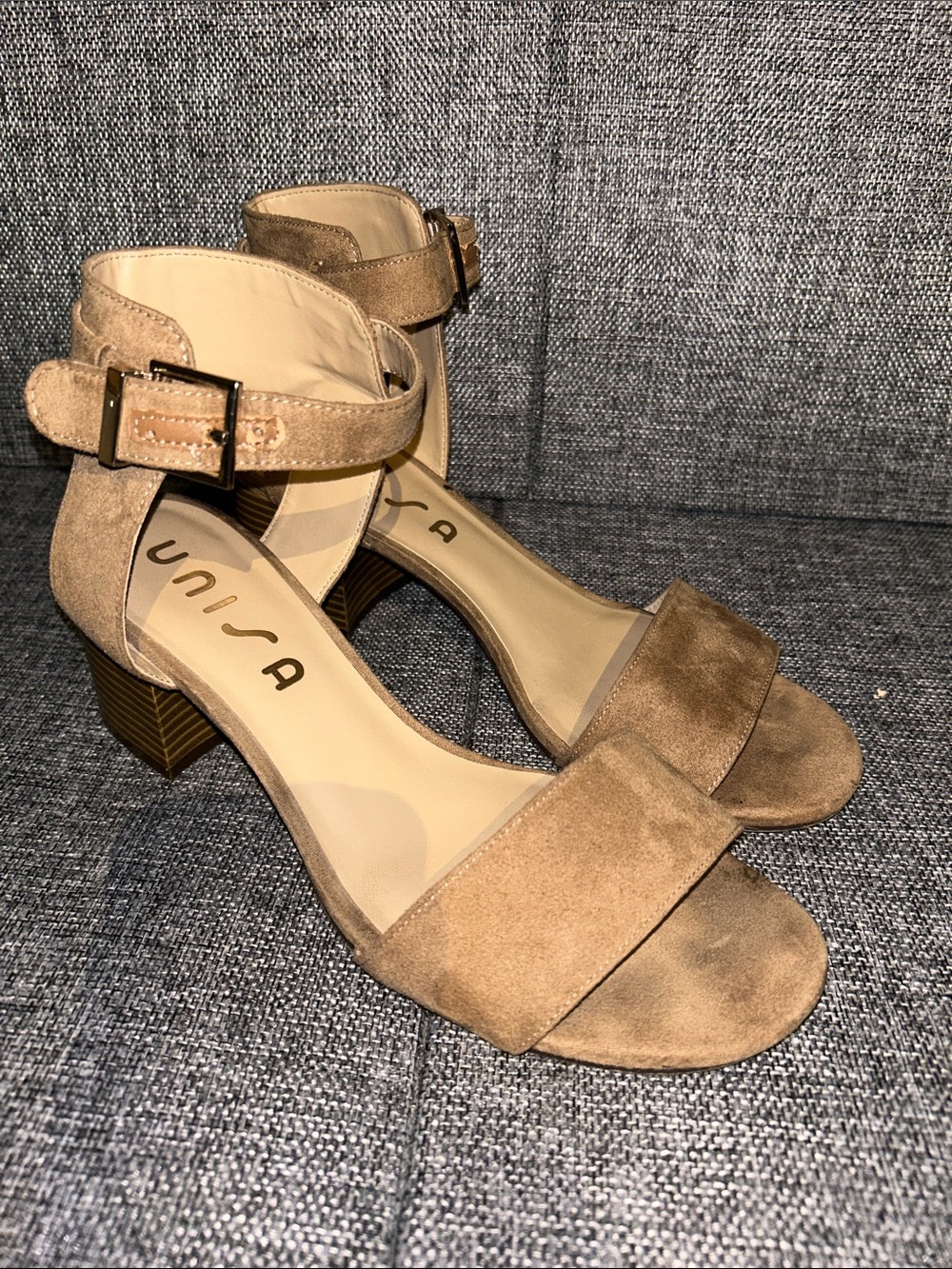 Unisa Tan Suede Ankle-Strap Block Heel Sandals